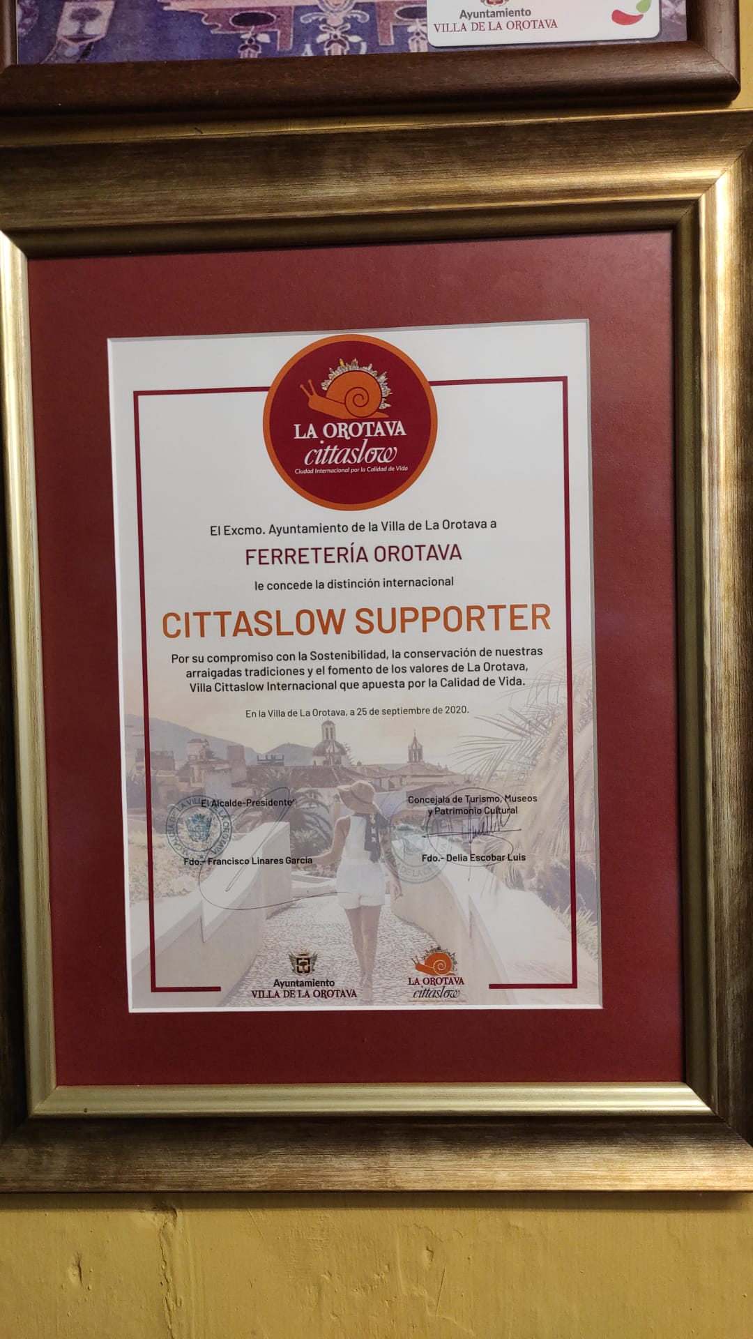 Certificado Cittaslow Supporter concedido a Ferretería Orotava por el Ayuntamiento de La Orotava en 2020